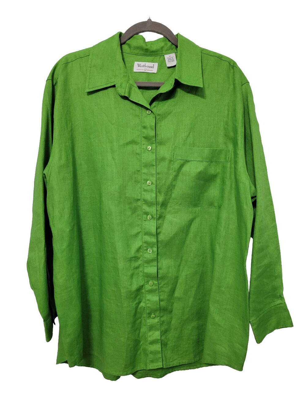 Women's 100% Linen Long Sleeve Button Down Shirt Size 1X Bright Green